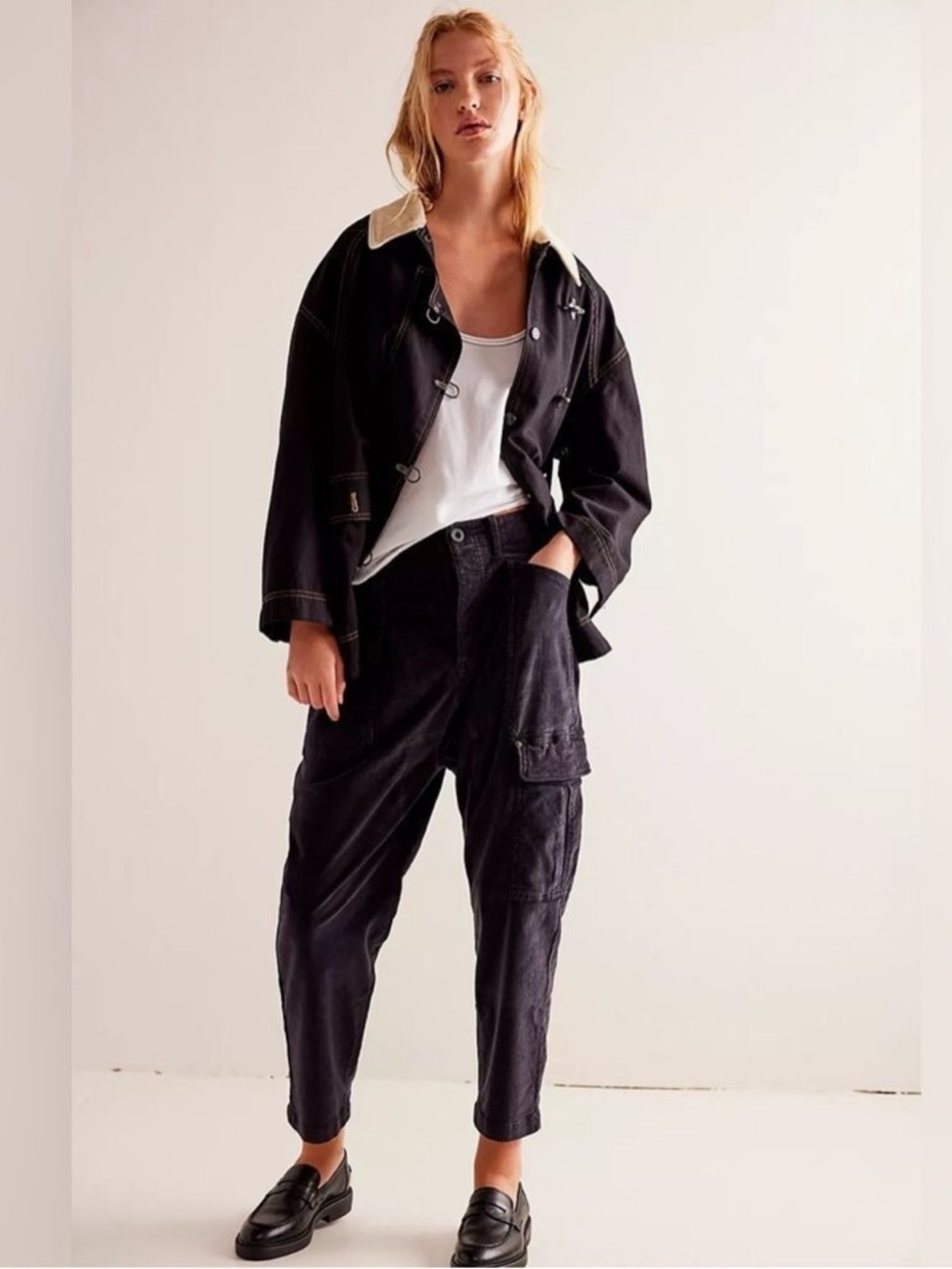 Free People Bay To Breakers Black Corduroy Jeans Pants High Rise Relaxed Fit